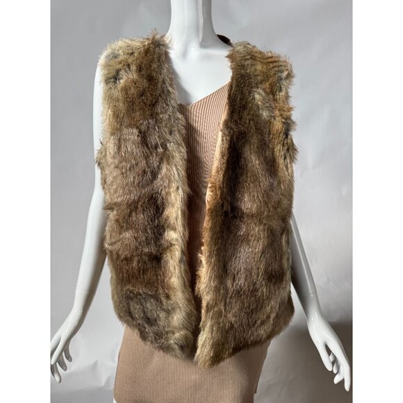 Rachel Zoe Womens Faux Fur Vest Size 1X Brown Tan Satin Lining Open Front - Picture 1 of 16